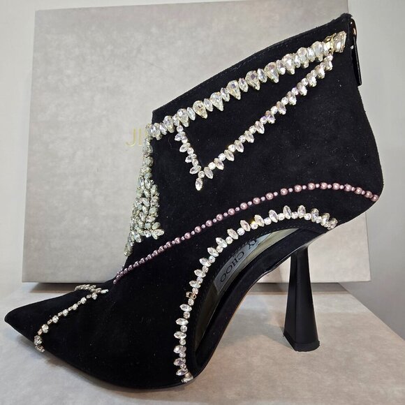 JIMMY CHOO Kendrix 100 - Suede Booties with Embroidery Black/White - Picture 3 of 15